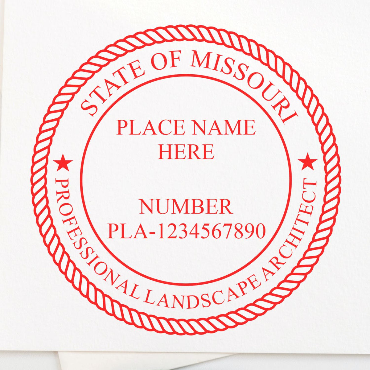 The Slim Pre-Inked Missouri Landscape Architect Seal Stamp stamp impression comes to life with a crisp, detailed photo on paper - showcasing true professional quality.