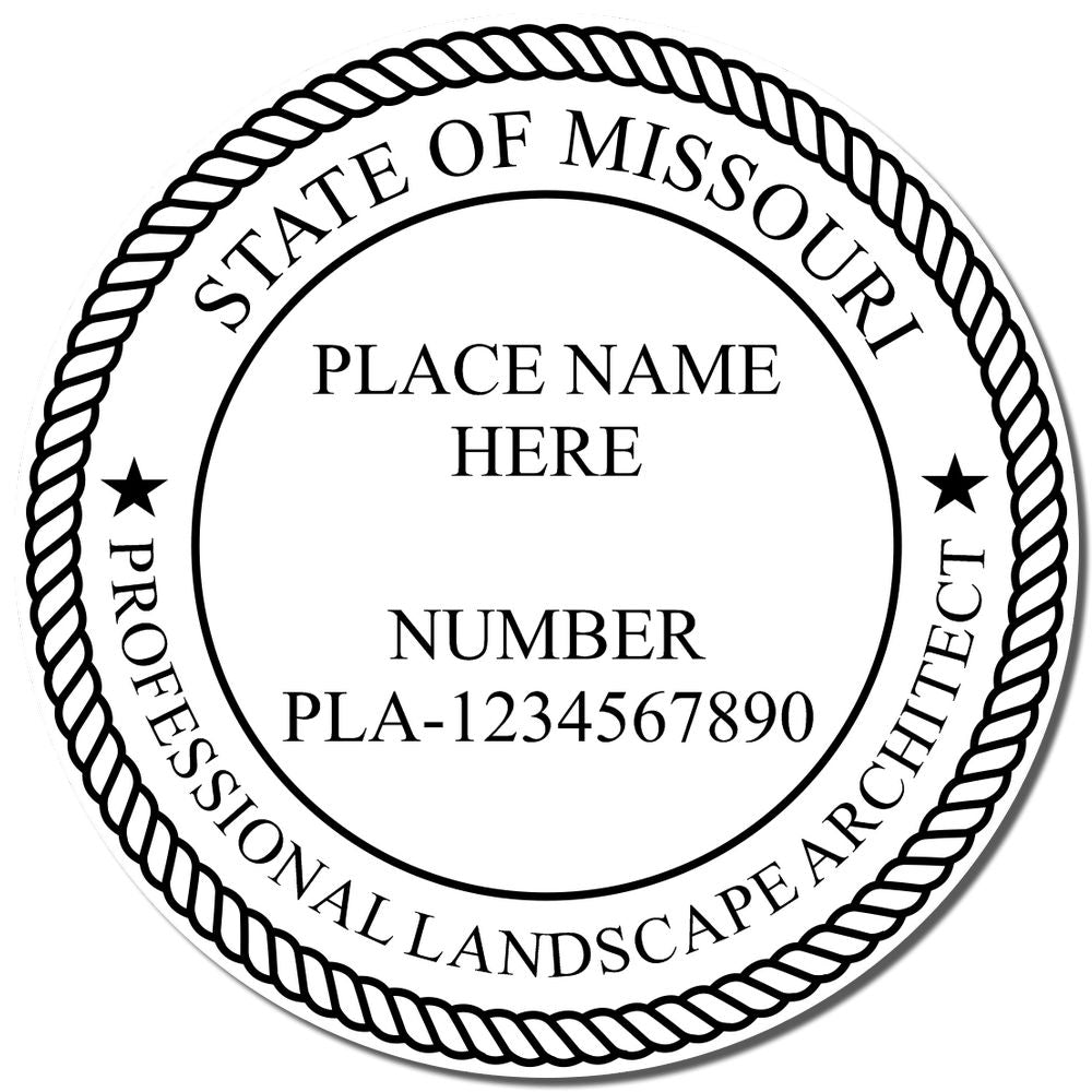 A lifestyle photo showing a stamped image of the Slim Pre-Inked Missouri Landscape Architect Seal Stamp on a piece of paper