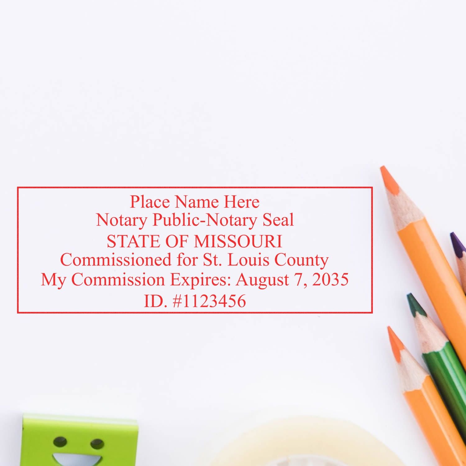 The Heavy-Duty Missouri Rectangular Notary Stamp stamp impression comes to life with a crisp, detailed photo on paper - showcasing true professional quality.