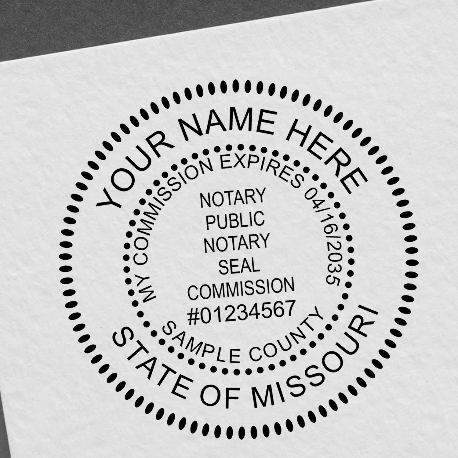 A lifestyle photo showing a stamped image of the Round Missouri Notary Public Seal Stamp on a piece of paper