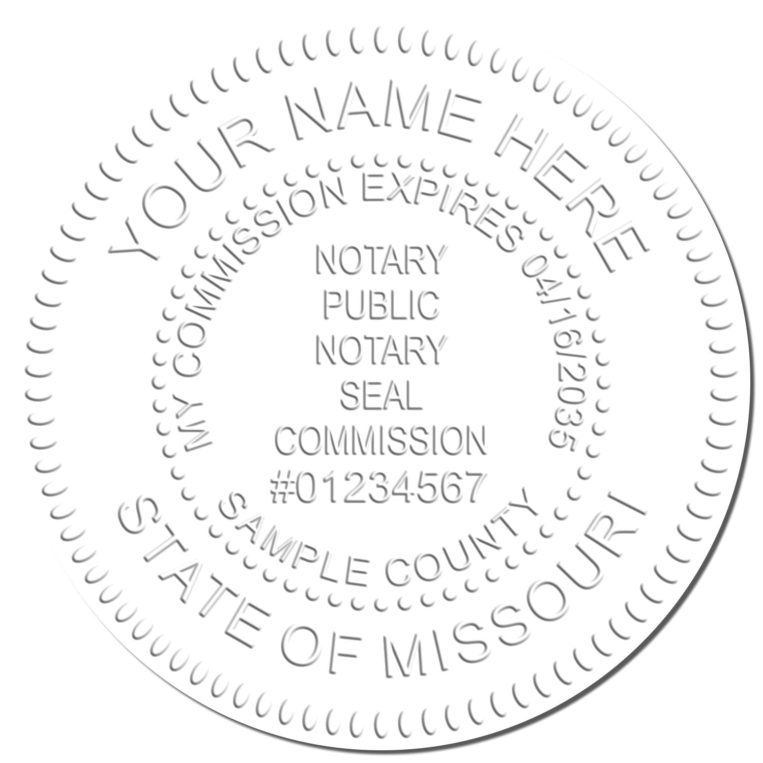 This paper is stamped with a sample imprint of the Missouri Handheld Notary Seal Embosser, signifying its quality and reliability.