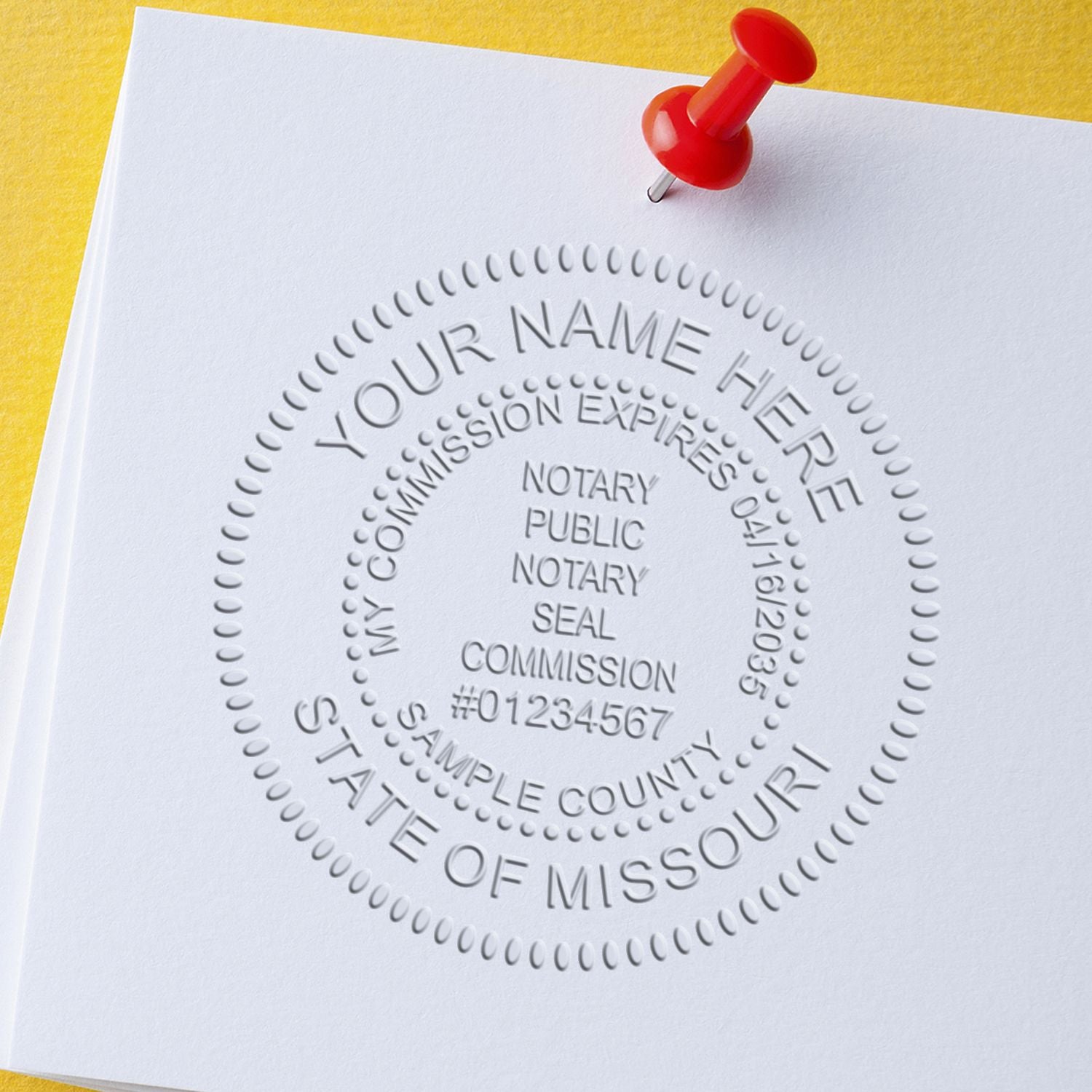 The Missouri Handheld Notary Seal Embosser stamp impression comes to life with a crisp, detailed photo on paper - showcasing true professional quality.