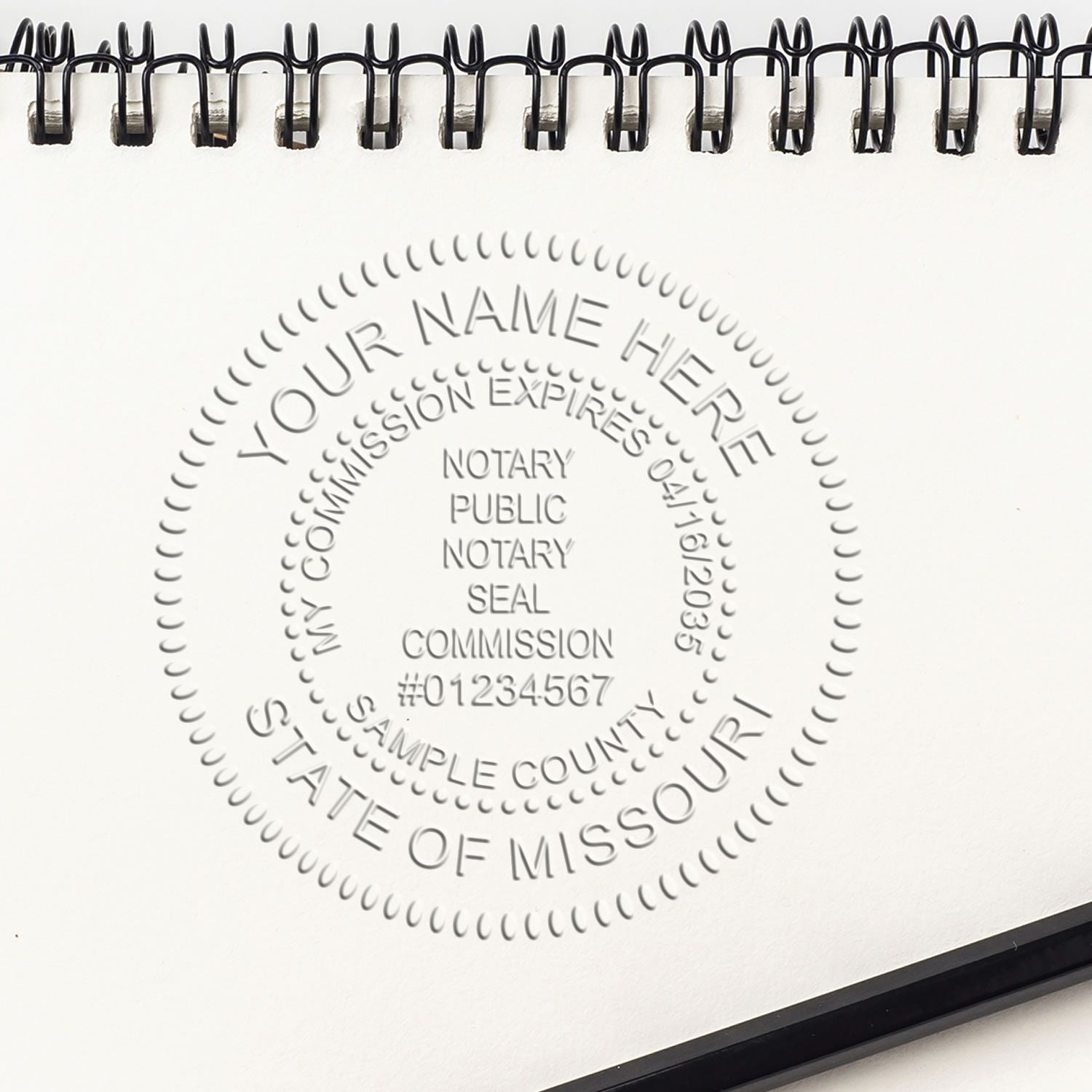 A photograph of the Missouri Desk Notary Public Seal stamp impression reveals a vivid, professional image of the on paper.