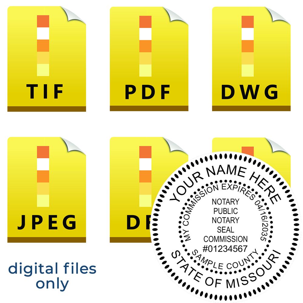 The main image for the Missouri Round Electronic Notary Stamp depicting a sample of the imprint and electronic files