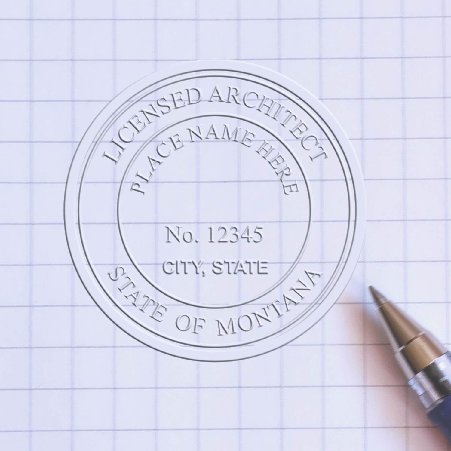 A lifestyle photo showing a stamped image of the Montana Desk Architect Embossing Seal on a piece of paper