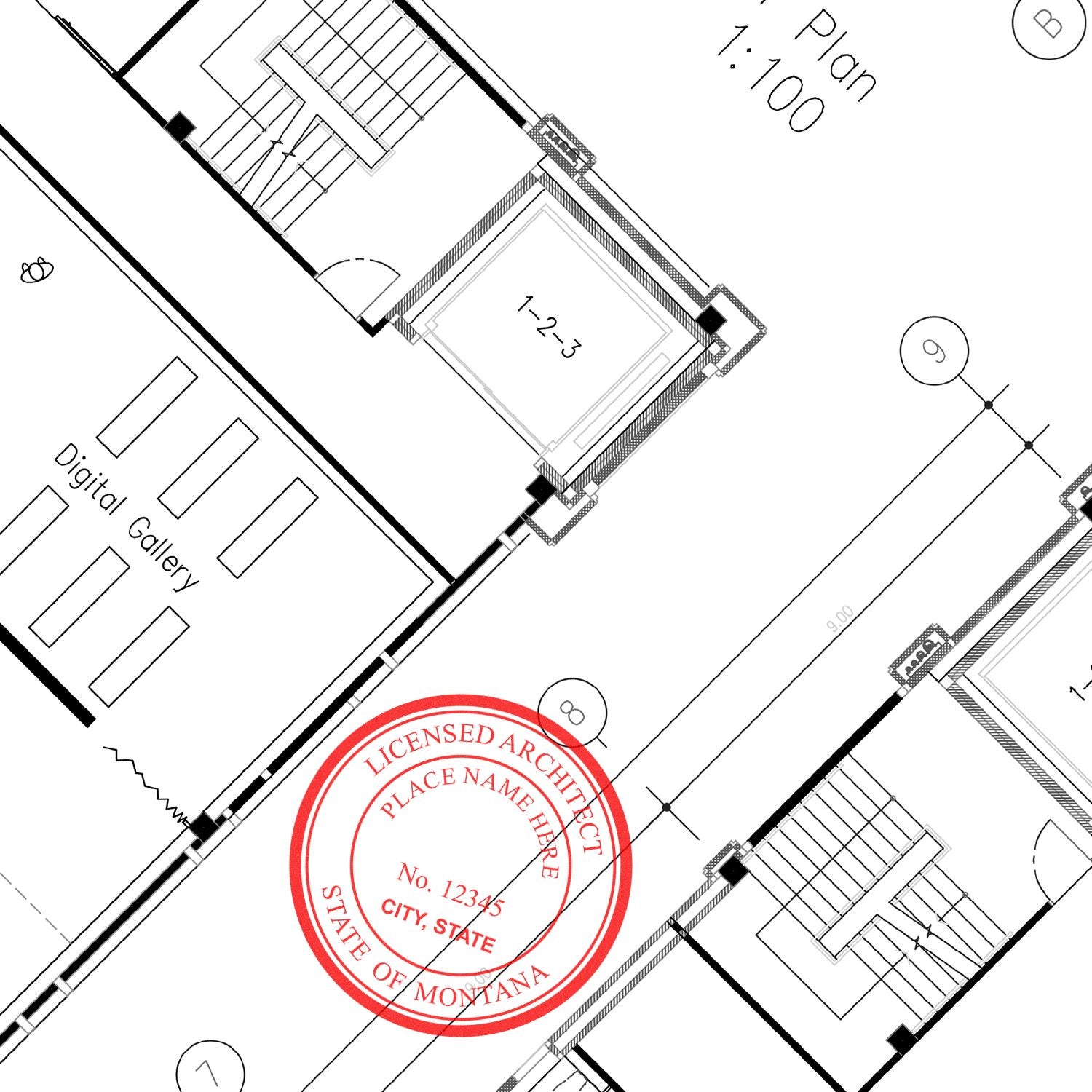 Digital Montana Architect Stamp, Electronic Seal for Montana Architect, shown on architectural blueprint with red circular seal.