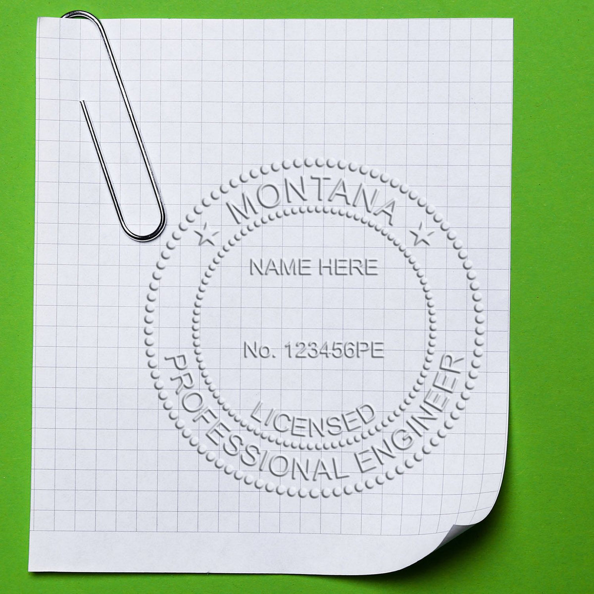 A photograph of the Soft Montana Professional Engineer Seal stamp impression reveals a vivid, professional image of the on paper.
