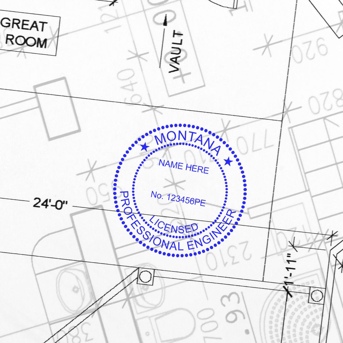 An alternative view of the Premium MaxLight Pre-Inked Montana Engineering Stamp stamped on a sheet of paper showing the image in use