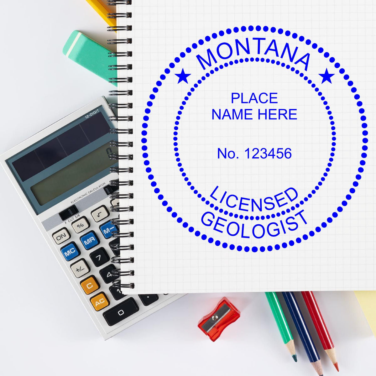 A lifestyle photo showing a stamped image of the Digital Montana Geologist Stamp, Electronic Seal for Montana Geologist on a piece of paper