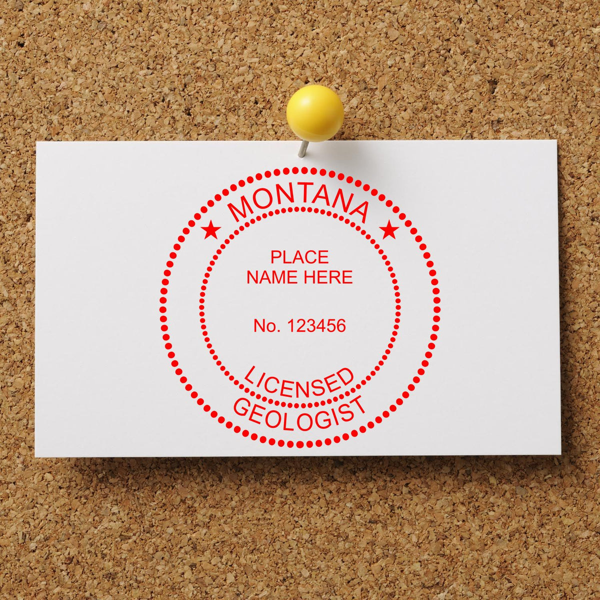 A lifestyle photo showing a stamped image of the Montana Professional Geologist Seal Stamp on a piece of paper