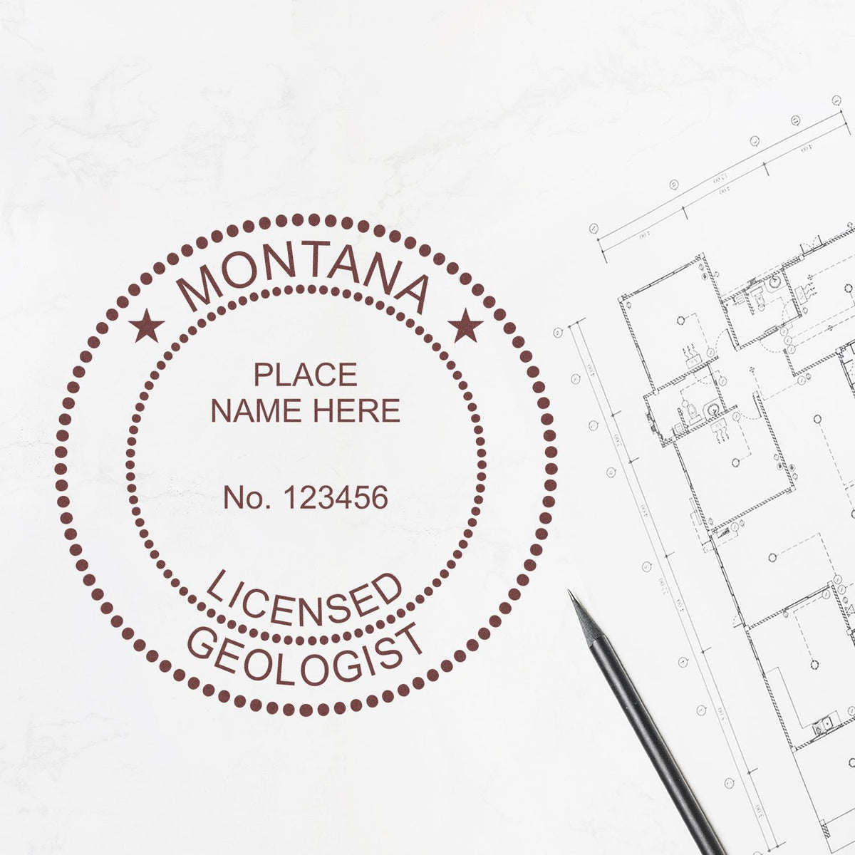 The Self-Inking Montana Geologist Stamp stamp impression comes to life with a crisp, detailed image stamped on paper - showcasing true professional quality.