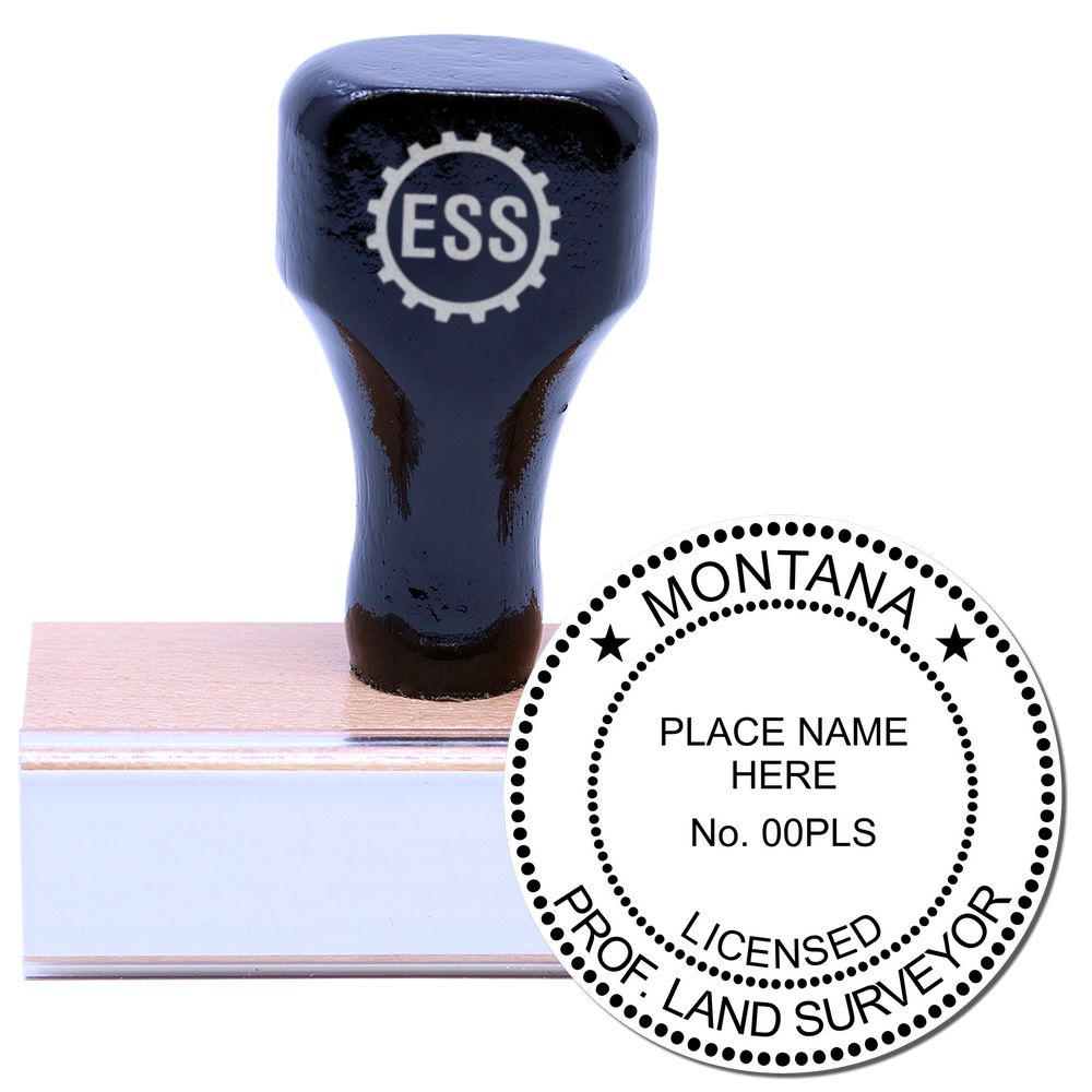 Montana Land Surveyor Seal Stamp, MT PLS Stamp with a wooden handle and engraved seal for licensed professional land surveyors.