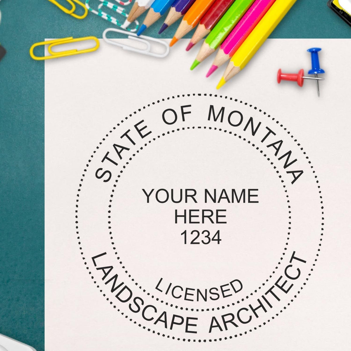 A stamped impression of the Self-Inking Montana Landscape Architect Stamp in this stylish lifestyle photo, setting the tone for a unique and personalized product.