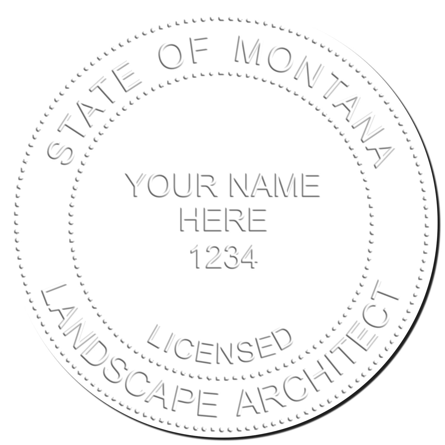 This paper is stamped with a sample imprint of the State of Montana Extended Long Reach Landscape Architect Seal Embosser, signifying its quality and reliability.