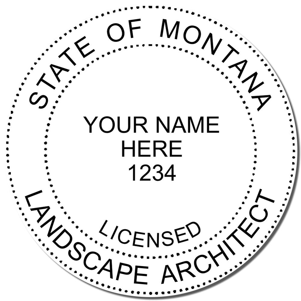 An alternative view of the Montana Landscape Architectural Seal Stamp stamped on a sheet of paper showing the image in use