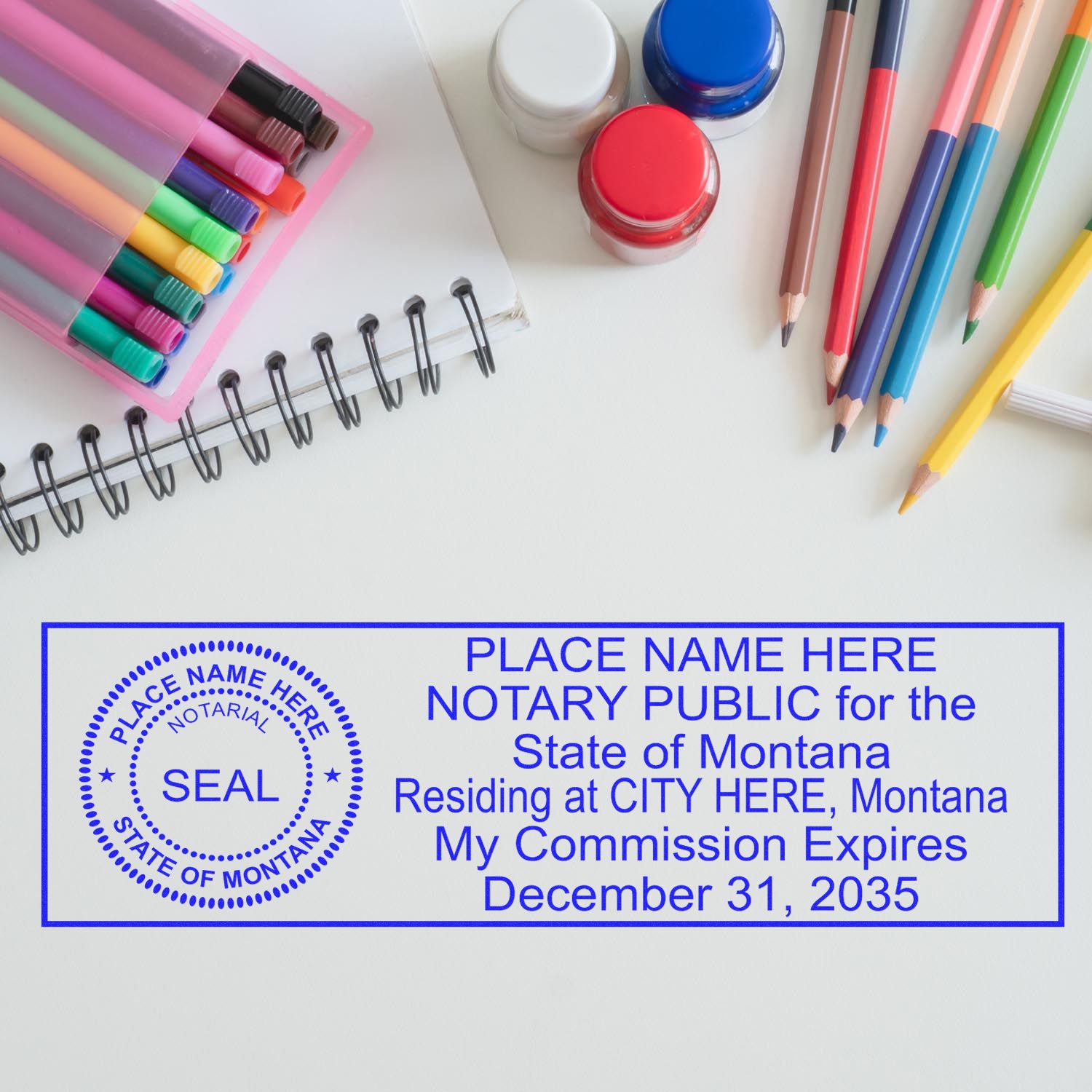 The main image for the Super Slim Montana Notary Public Stamp depicting a sample of the imprint and electronic files