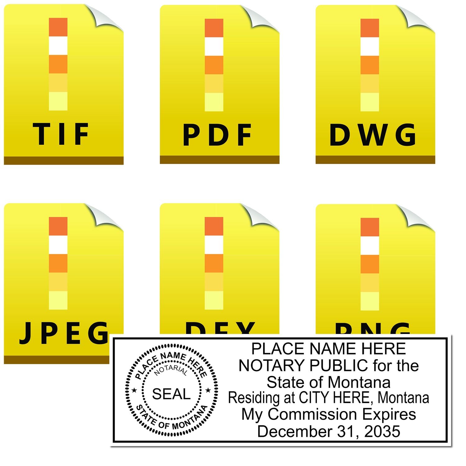 The main image for the Montana Rectangular Digital Notary Seal depicting a sample of the imprint and electronic files