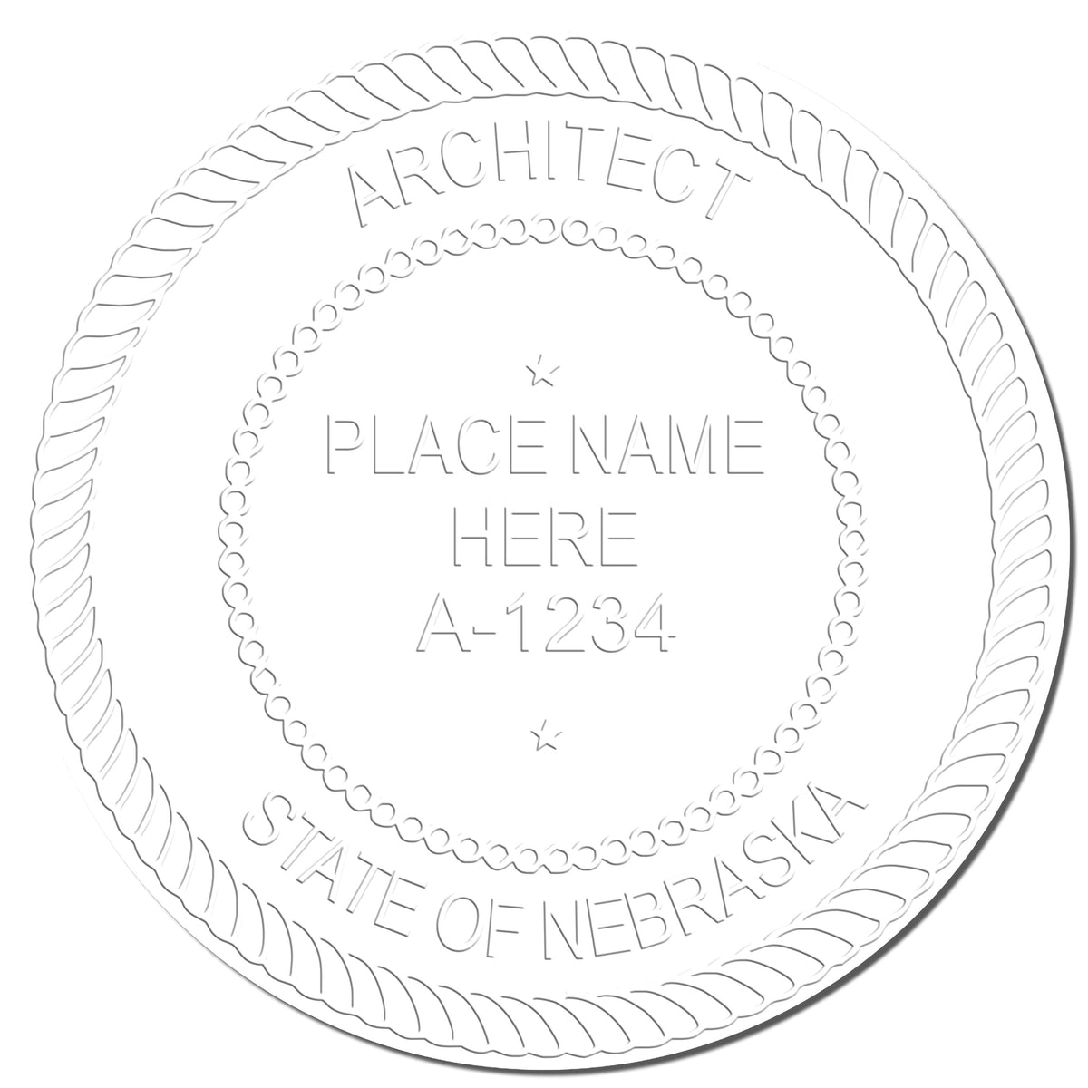 A photograph of the Handheld Nebraska Architect Seal Embosser stamp impression reveals a vivid, professional image of the on paper.