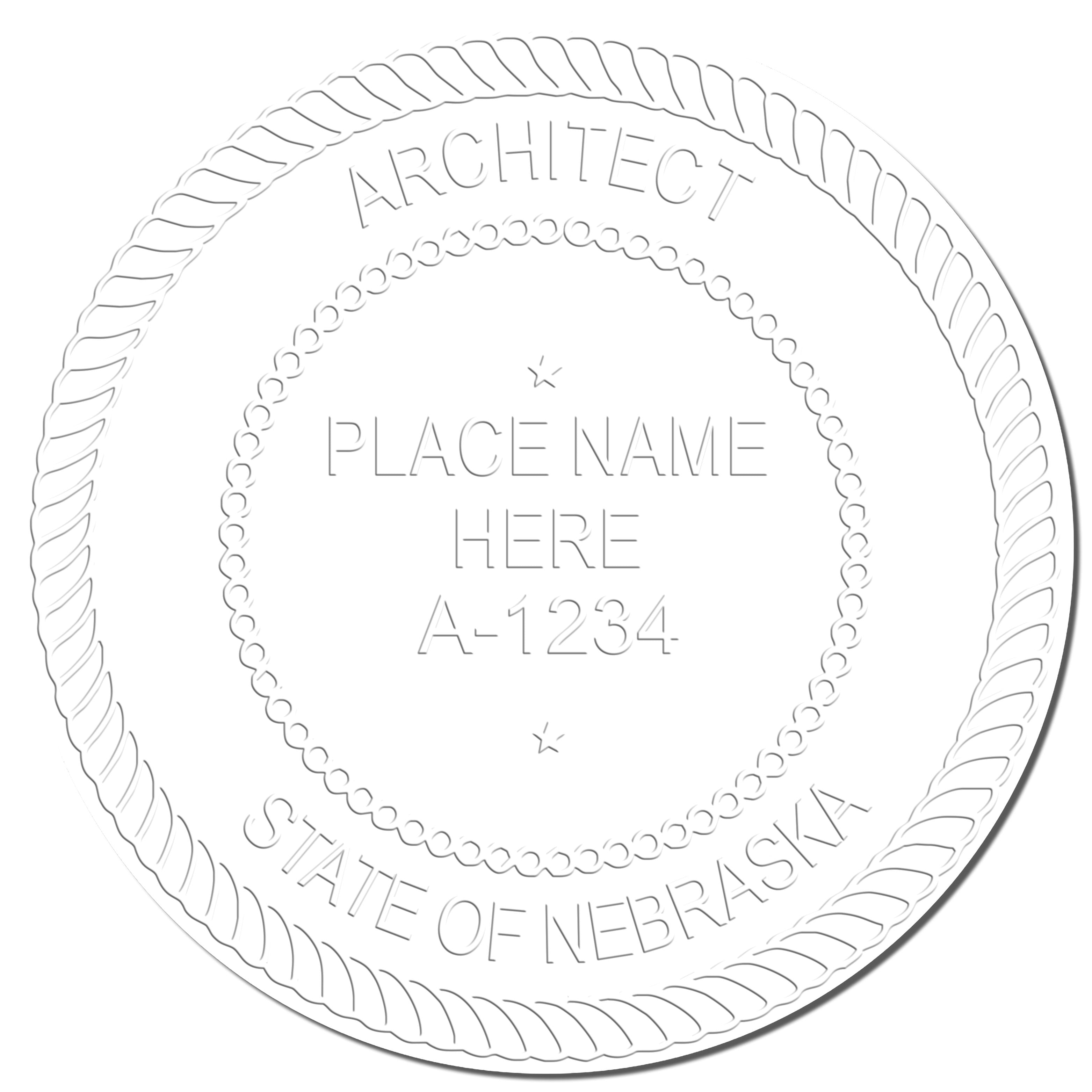 A stamped impression of the State of Nebraska Long Reach Architectural Embossing Seal in this stylish lifestyle photo, setting the tone for a unique and personalized product.