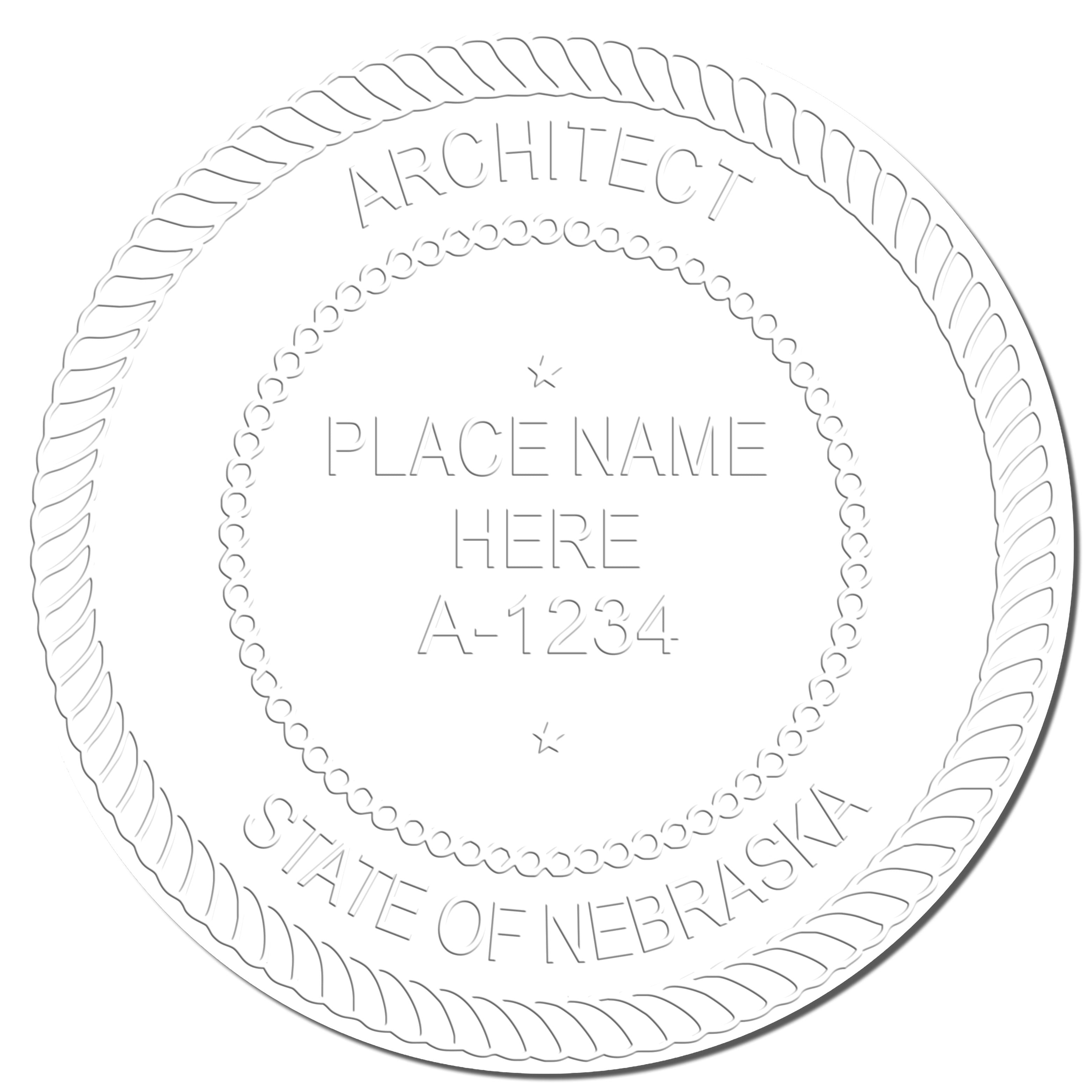 This paper is stamped with a sample imprint of the Heavy Duty Cast Iron Nebraska Architect Embosser, signifying its quality and reliability.