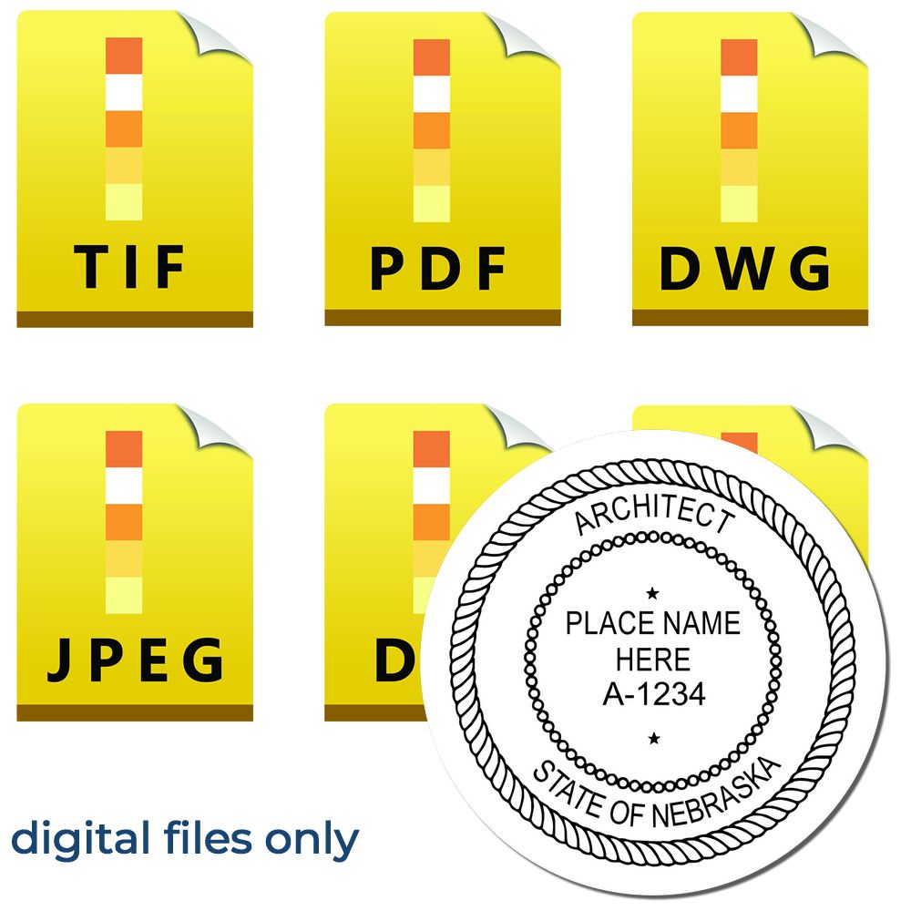 Digital Nebraska Architect Stamp, Electronic Seal for Nebraska Architect, available in TIF, PDF, DWG, JPEG, and DXF formats.