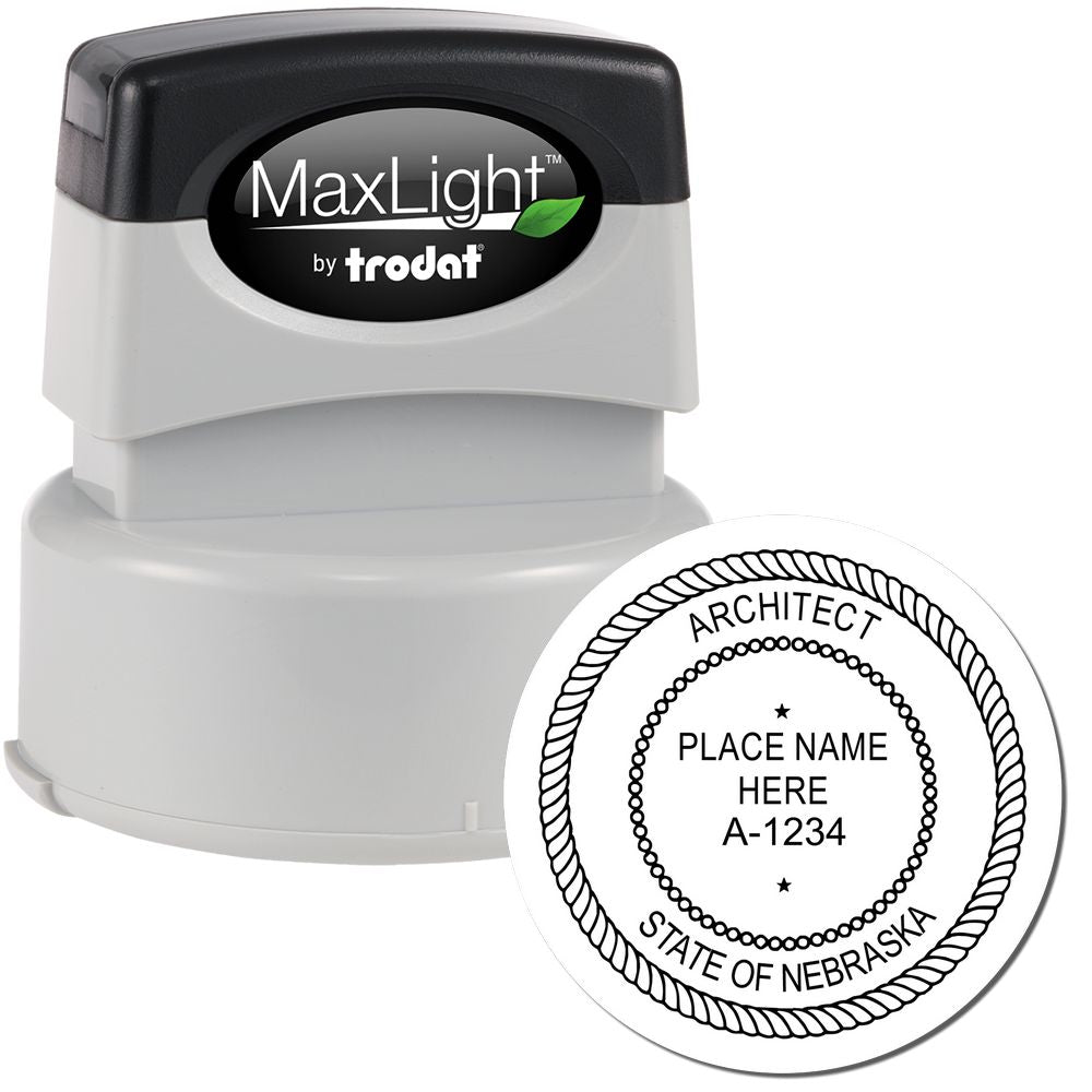 Premium MaxLight Pre-Inked Nebraska Architectural Stamp with a black and gray design, featuring customizable text for architects in Nebraska.