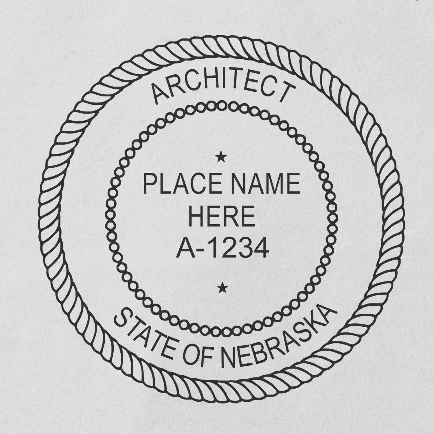 Digital Nebraska Architect Stamp, Electronic Seal for Nebraska Architect, circular design with customizable text fields for name and license number.