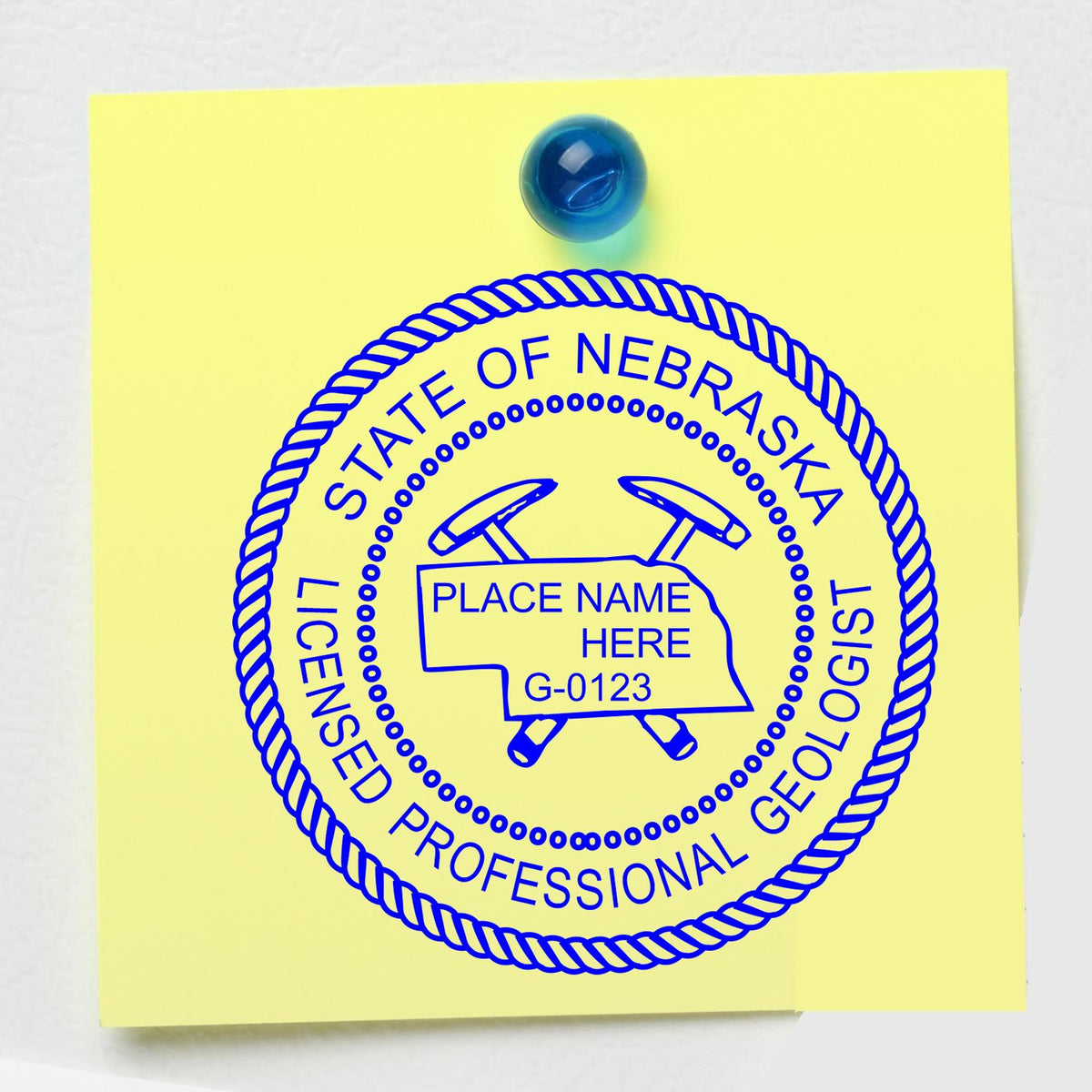 The Slim Pre-Inked Nebraska Professional Geologist Seal Stamp stamp impression comes to life with a crisp, detailed image stamped on paper - showcasing true professional quality.