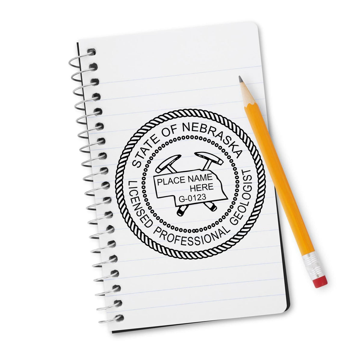 A lifestyle photo showing a stamped image of the Slim Pre-Inked Nebraska Professional Geologist Seal Stamp on a piece of paper