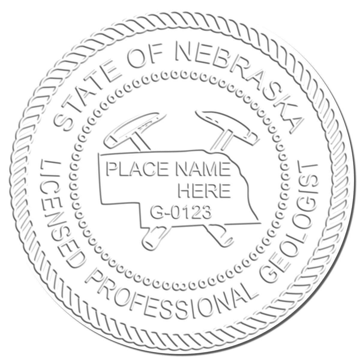A photograph of the State of Nebraska Extended Long Reach Geologist Seal stamp impression reveals a vivid, professional image of the on paper.