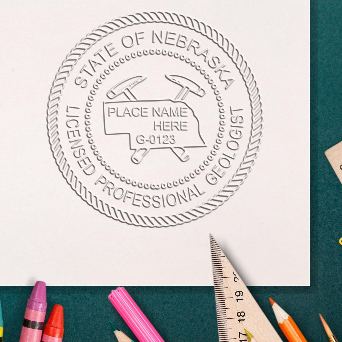 This paper is stamped with a sample imprint of the Long Reach Nebraska Geology Seal, signifying its quality and reliability.