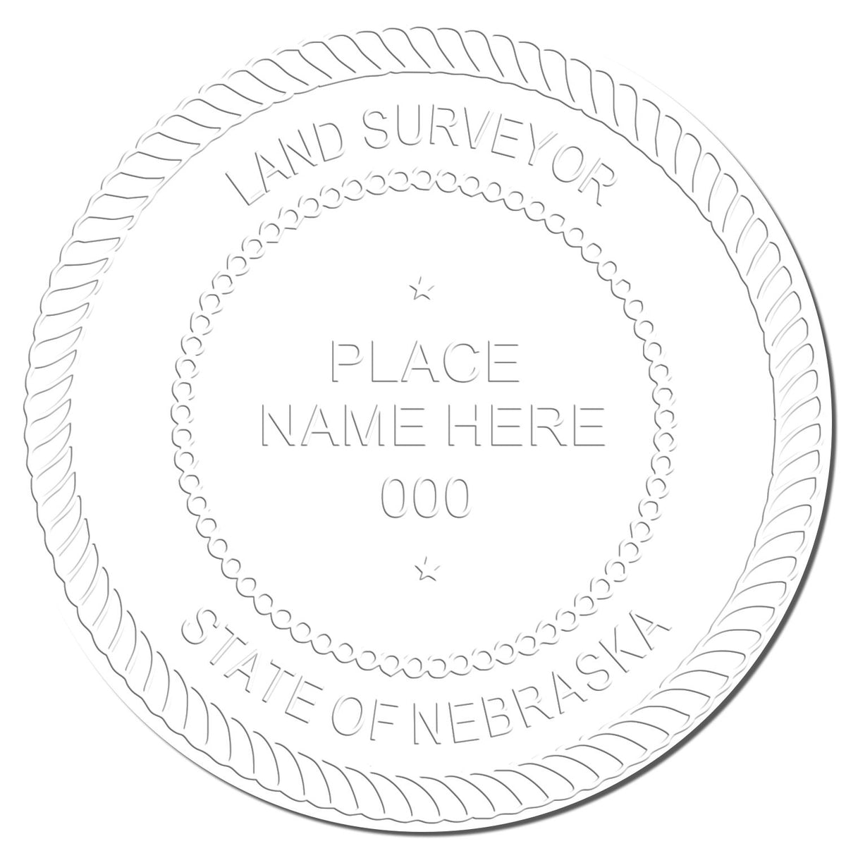 This paper is stamped with a sample imprint of the Extended Long Reach Nebraska Surveyor Embosser, signifying its quality and reliability.