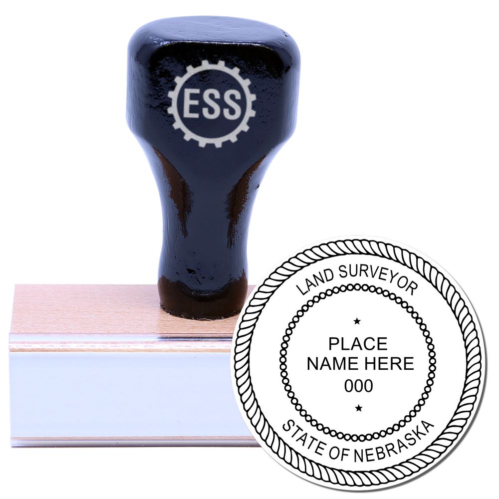 Nebraska Land Surveyor Seal Stamp, NE PLS Stamp with wooden handle and customizable seal for professional use.