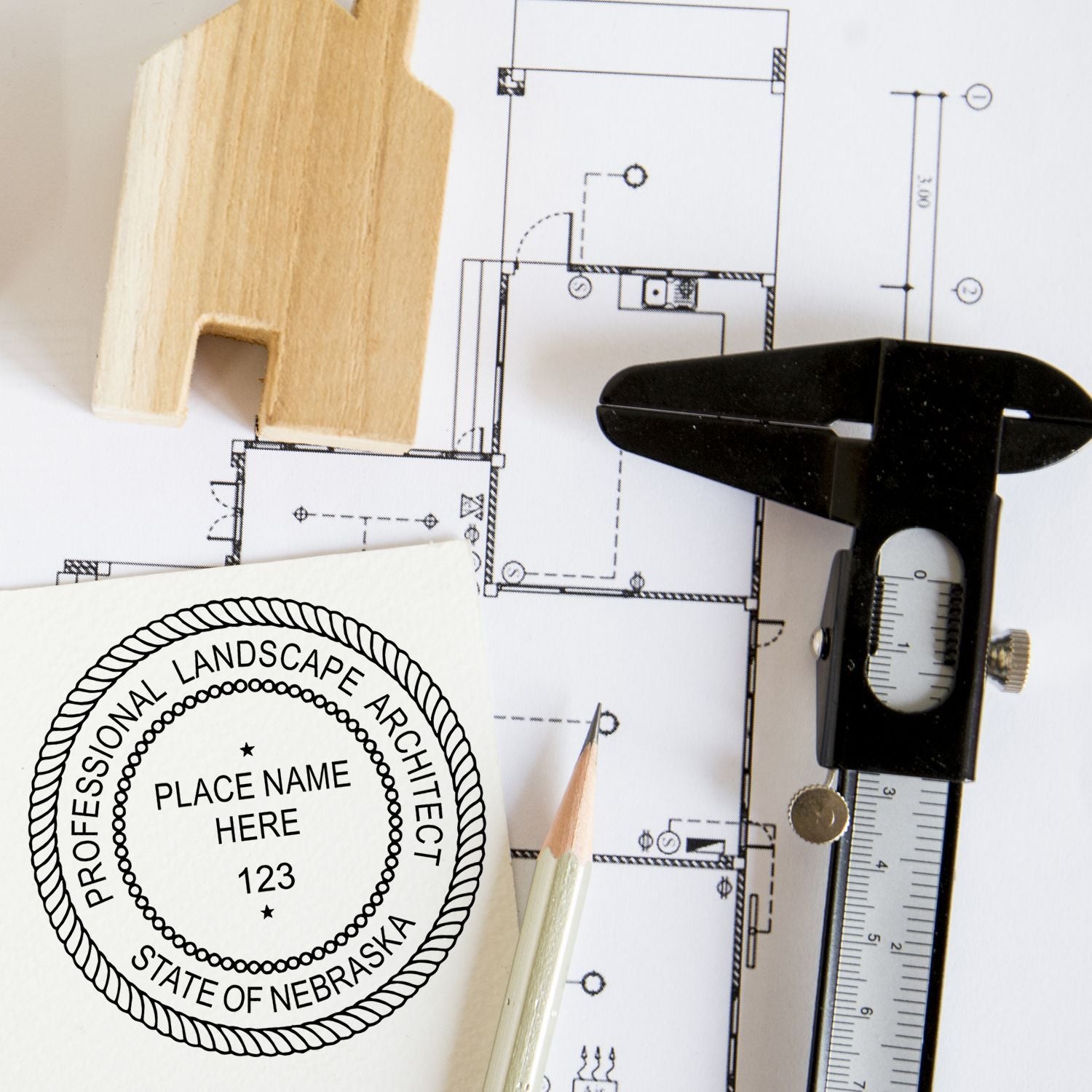 Slim Pre-Inked Nebraska Landscape Architect Seal Stamp in use photo showing a stamped imprint of the Slim Pre-Inked Nebraska Landscape Architect Seal Stamp