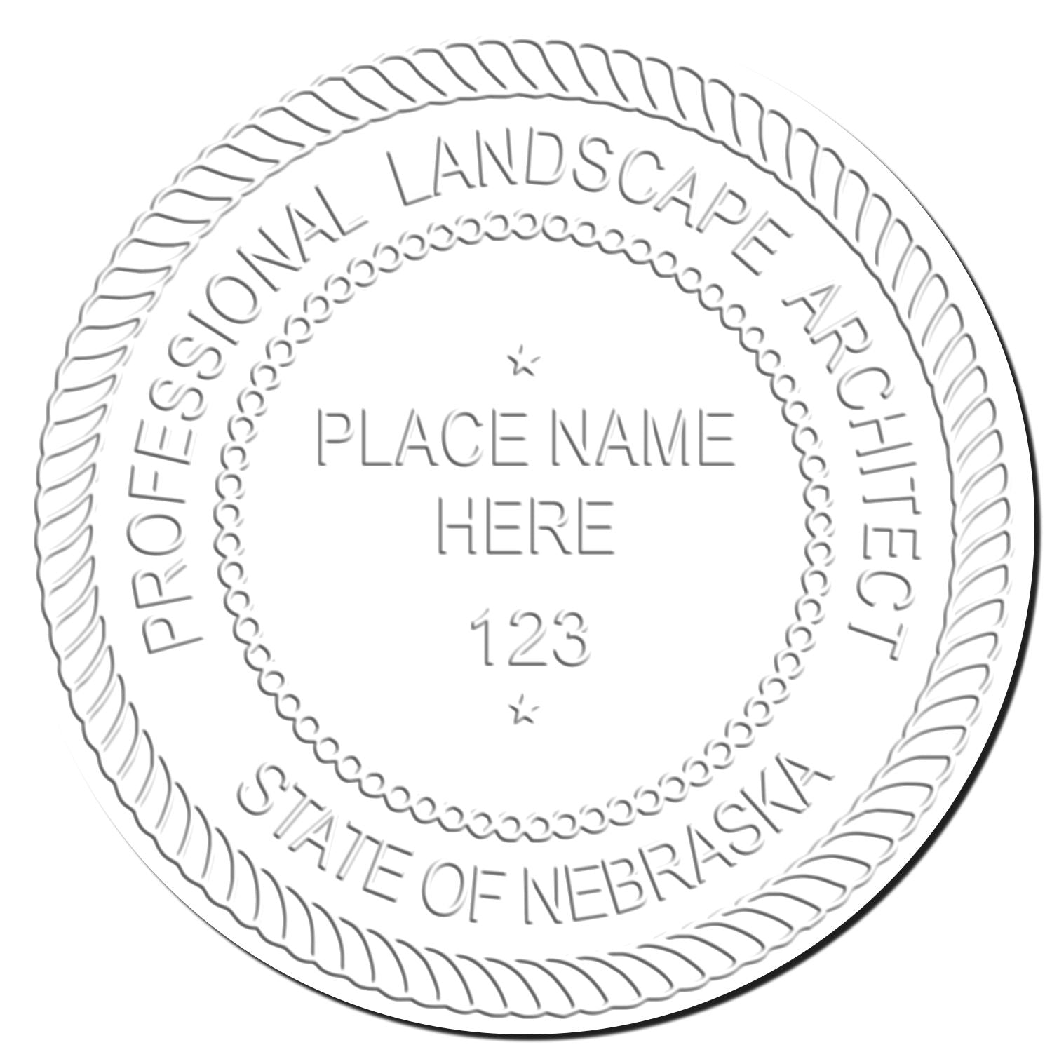 This paper is stamped with a sample imprint of the State of Nebraska Extended Long Reach Landscape Architect Seal Embosser, signifying its quality and reliability.