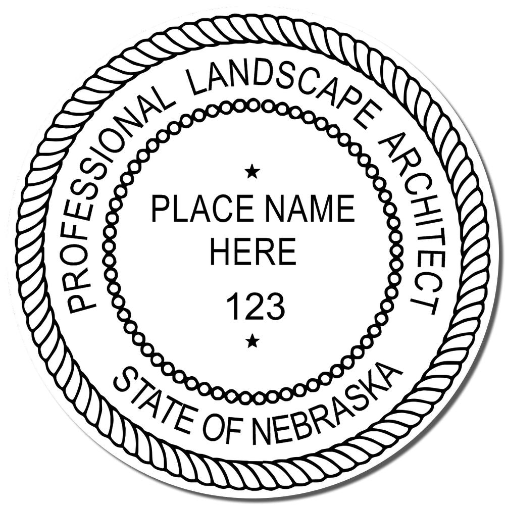 An alternative view of the Digital Nebraska Landscape Architect Stamp stamped on a sheet of paper showing the image in use