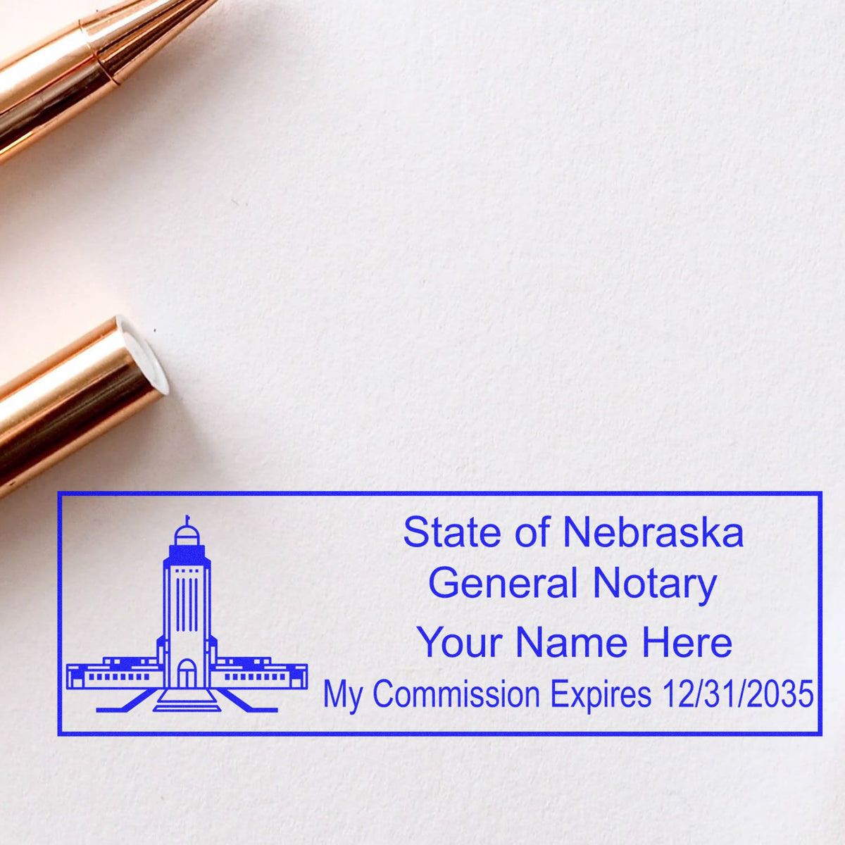 A lifestyle photo showing a stamped image of the Wooden Handle Nebraska State Seal Notary Public Stamp on a piece of paper