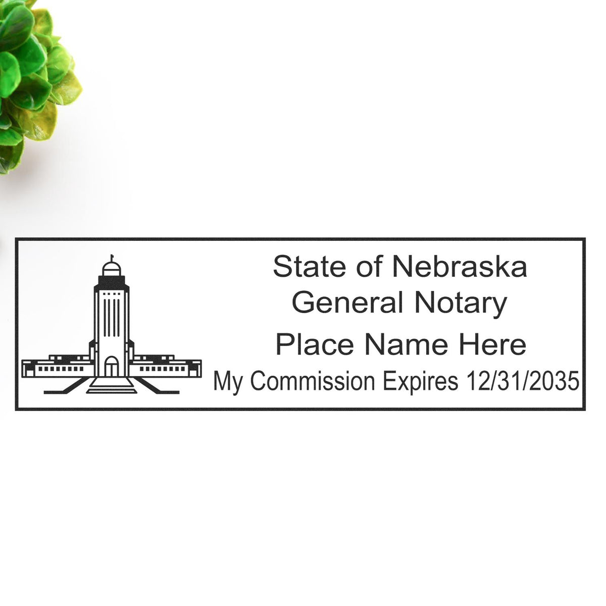 Another Example of a stamped impression of the Self-Inking State Seal Nebraska Notary Stamp on a piece of office paper.