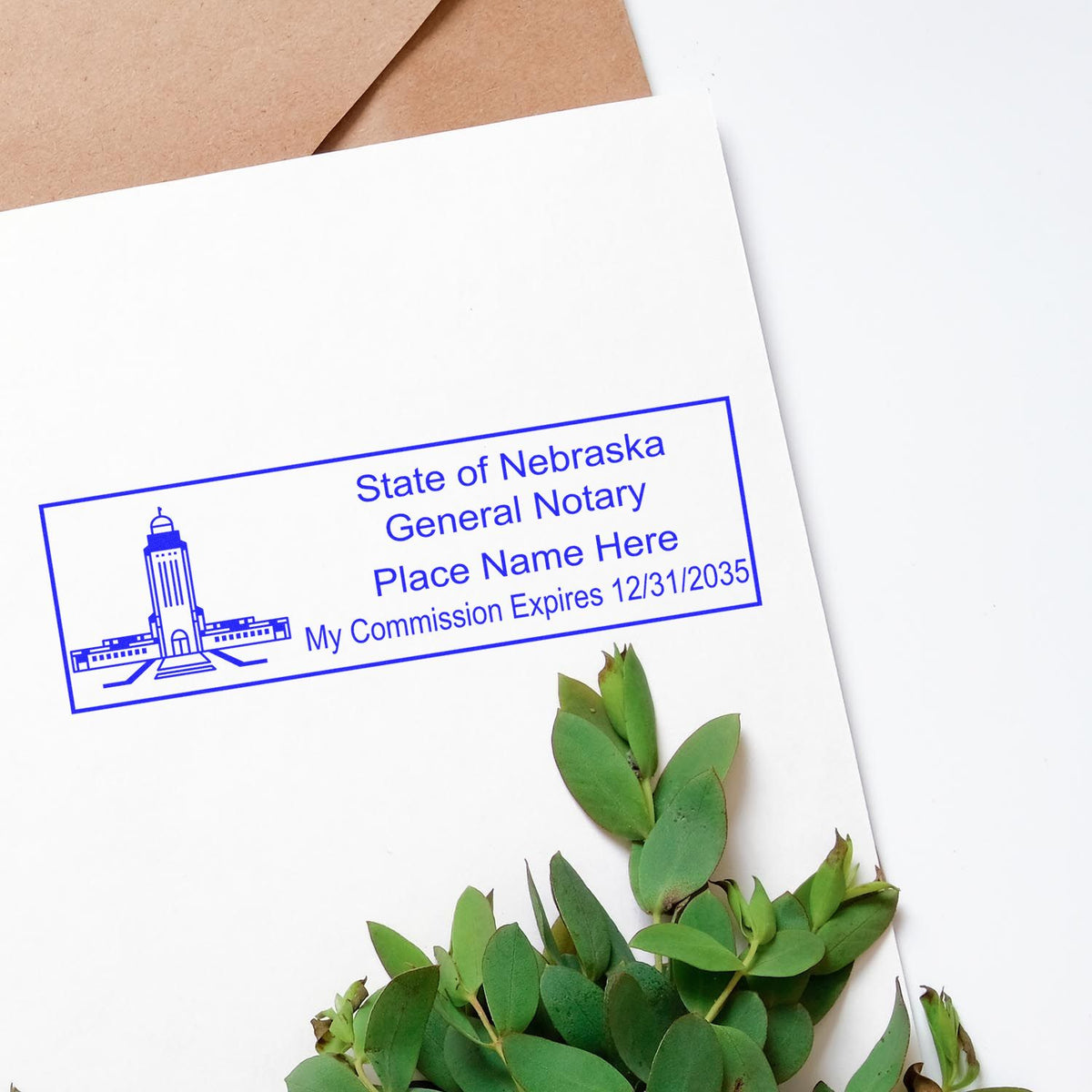 This paper is stamped with a sample imprint of the Wooden Handle Nebraska State Seal Notary Public Stamp, signifying its quality and reliability.
