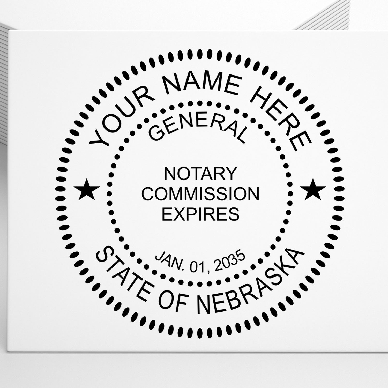 A lifestyle photo showing a stamped image of the Round Nebraska Notary Public Seal Stamp on a piece of paper