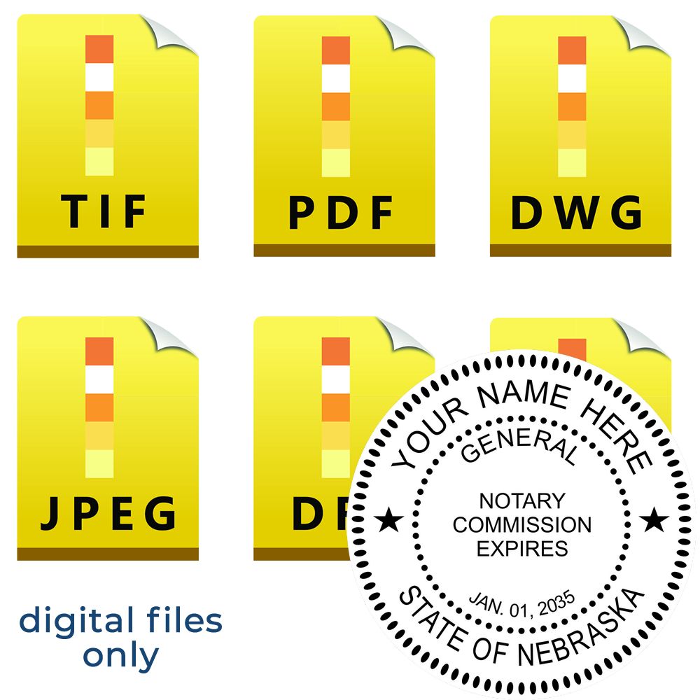 The main image for the Nebraska Round Electronic Notary Stamp depicting a sample of the imprint and electronic files