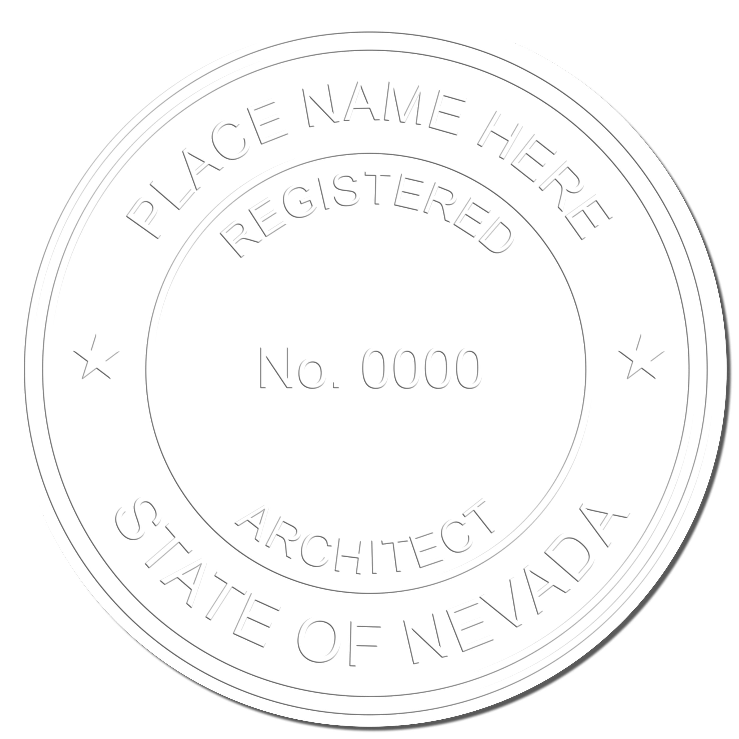 This paper is stamped with a sample imprint of the Heavy Duty Cast Iron Nevada Architect Embosser, signifying its quality and reliability.