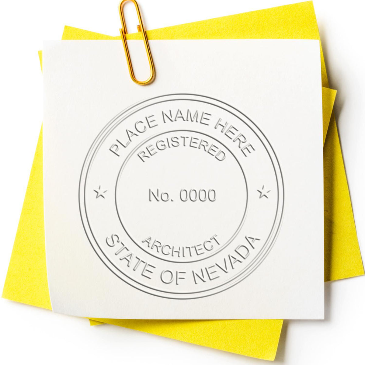 A lifestyle photo showing a stamped image of the Handheld Nevada Architect Seal Embosser on a piece of paper