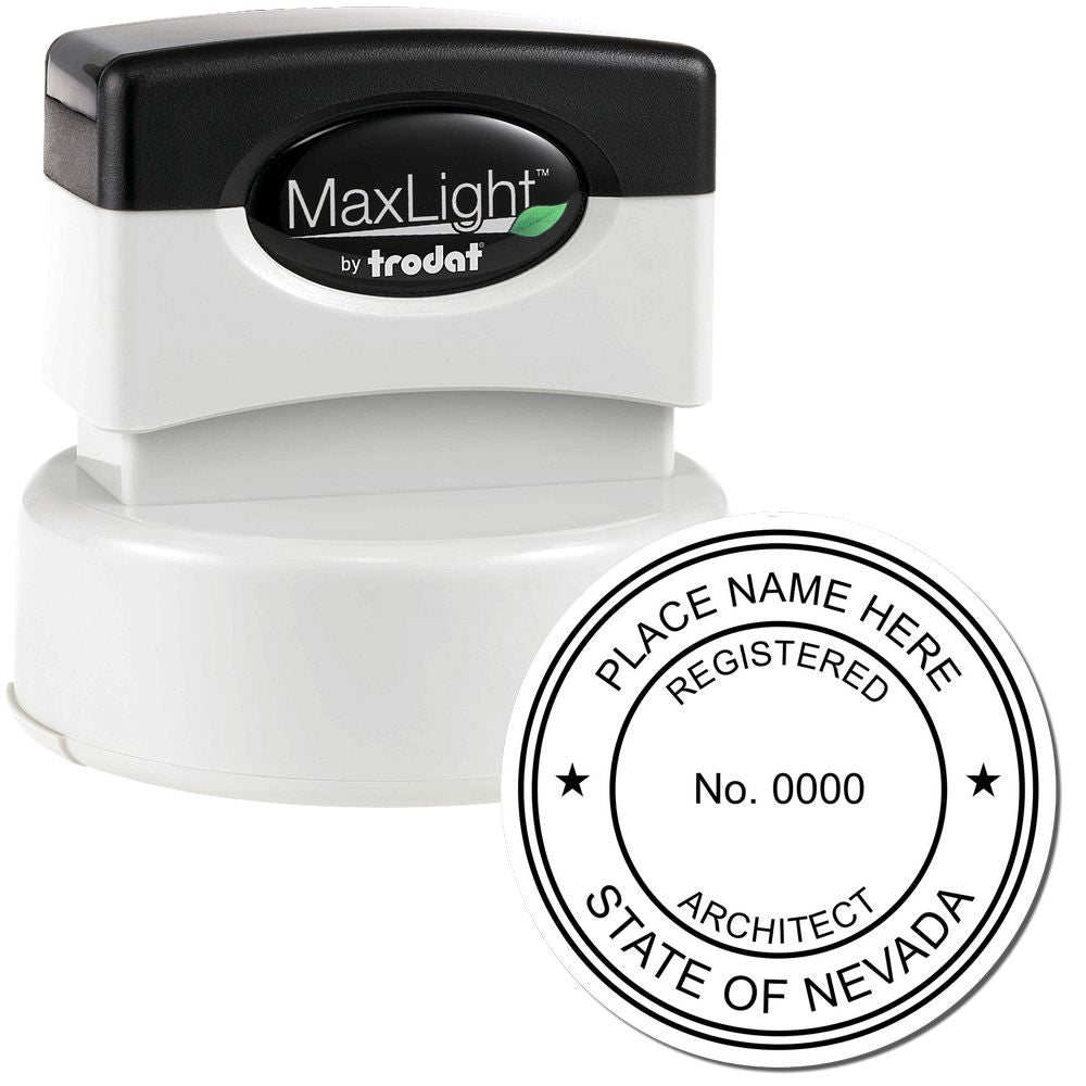 Premium MaxLight Pre-Inked Nevada Architectural Stamp with a black and white design, featuring customizable text for registered architects.