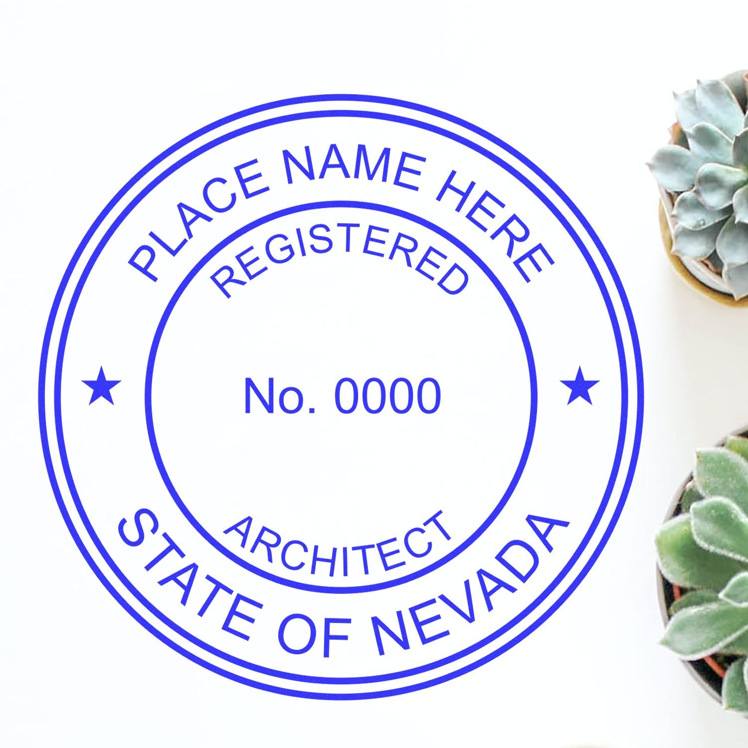 Digital Nevada Architect Stamp, Electronic Seal for Nevada Architect, with customizable name and number, surrounded by succulents.