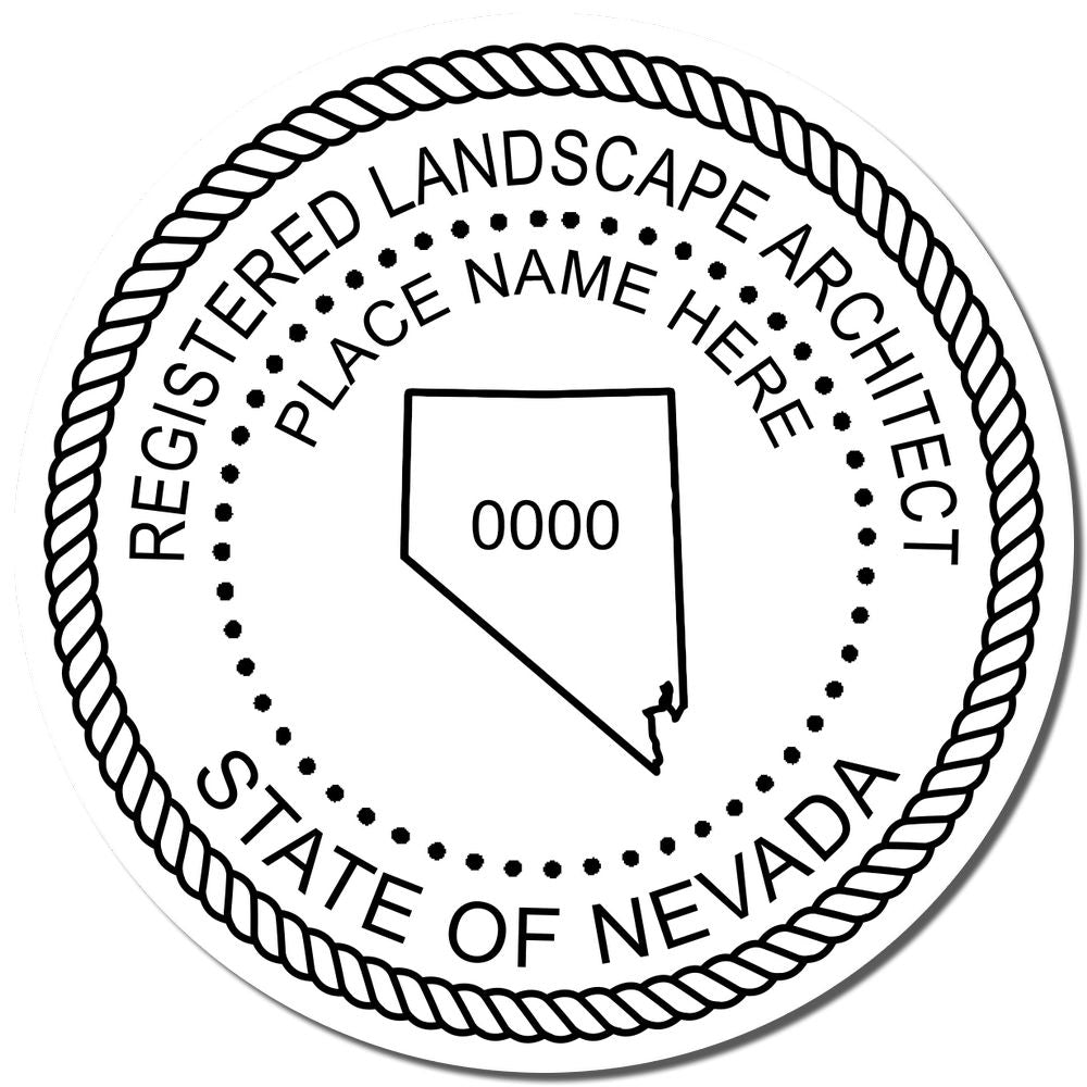 The main image for the Slim Pre-Inked Nevada Landscape Architect Seal Stamp depicting a sample of the imprint and electronic files
