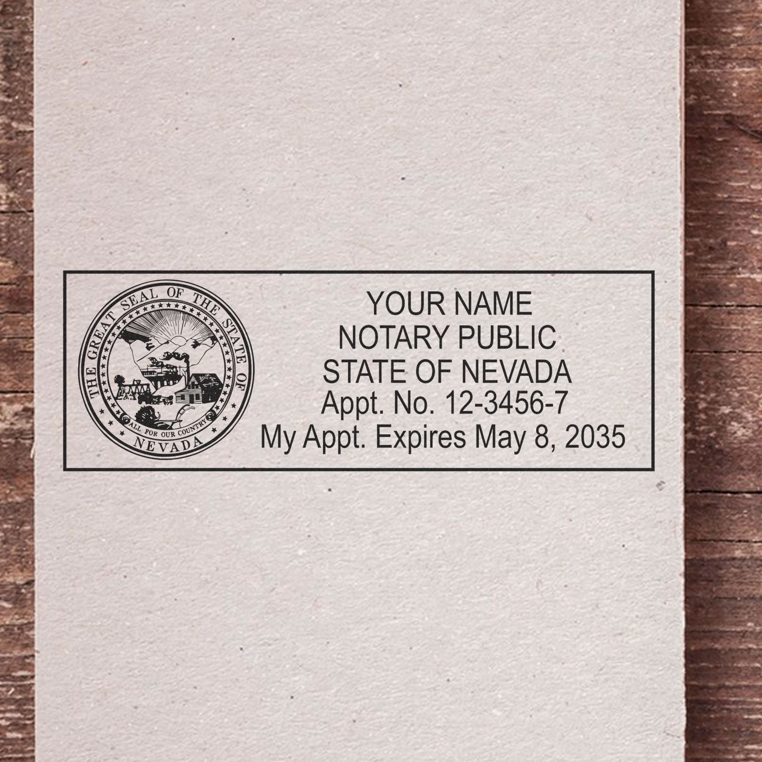 A photograph of the Nevada Rectangular Digital Notary Seal stamp impression reveals a vivid, professional image of the on paper.