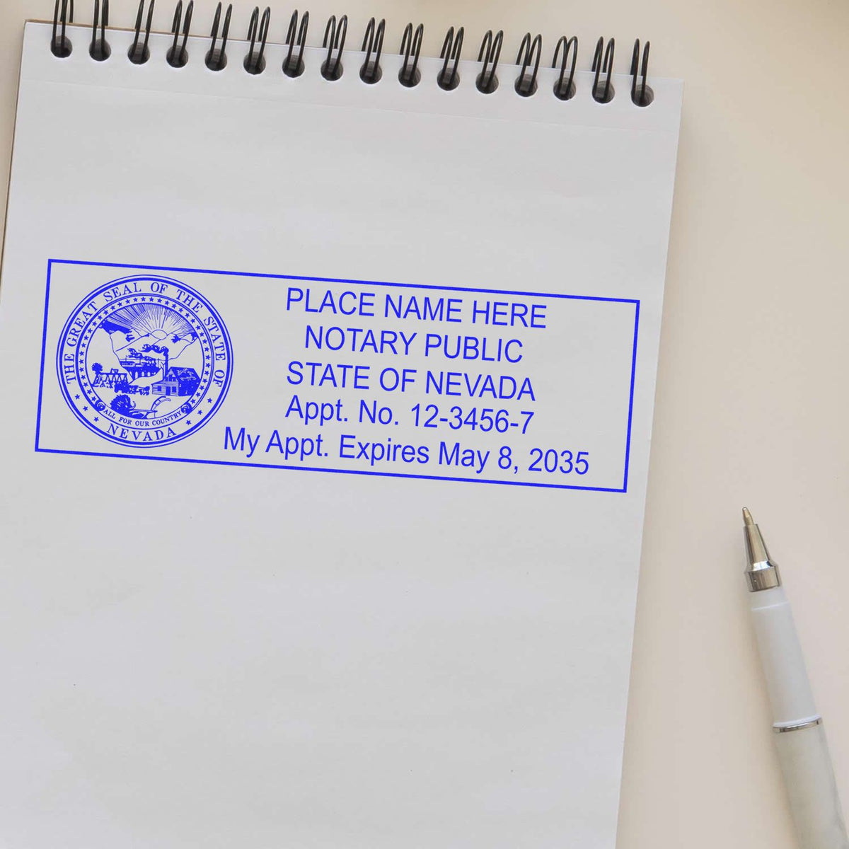 This paper is stamped with a sample imprint of the Wooden Handle Nevada State Seal Notary Public Stamp, signifying its quality and reliability.
