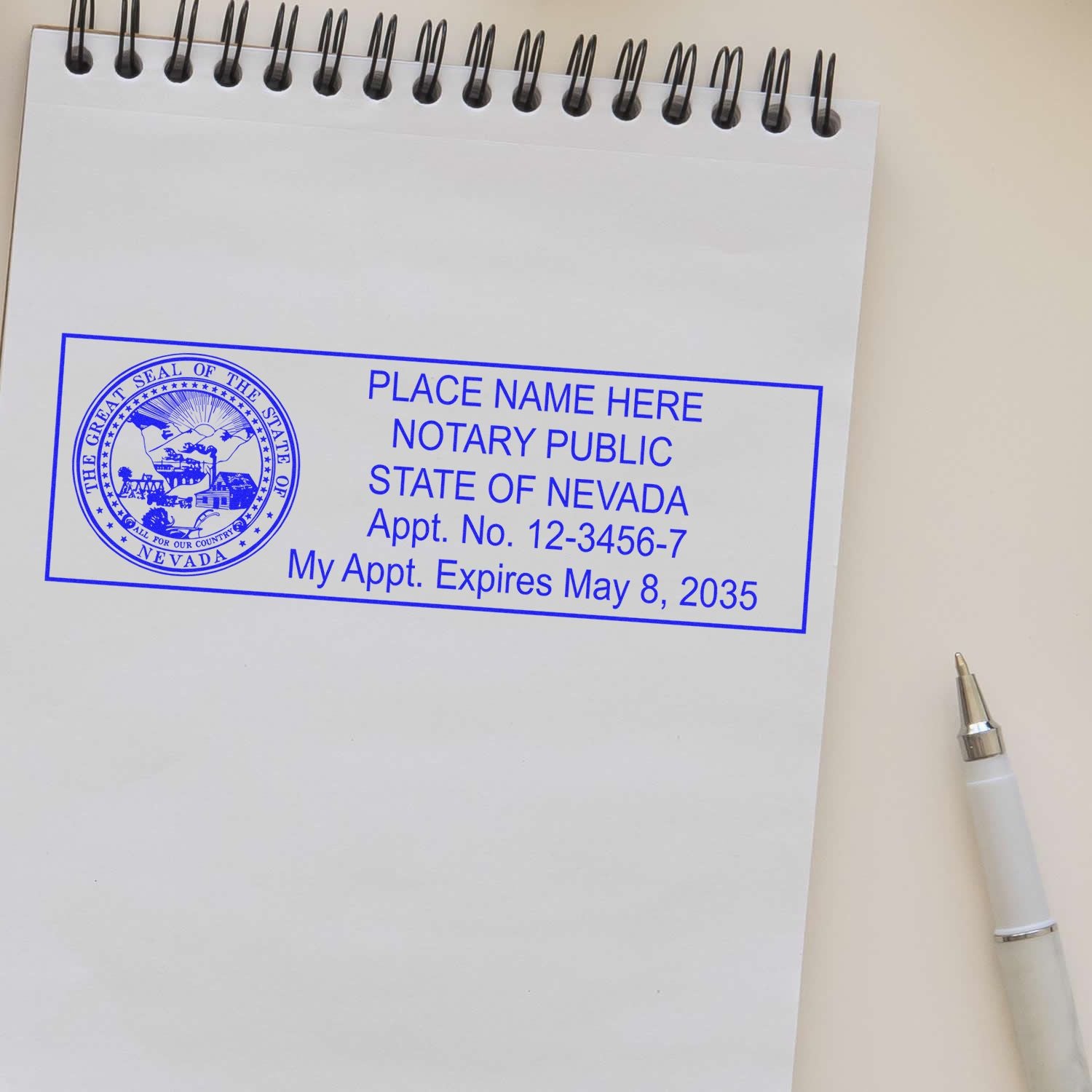 The Nevada Rectangular Digital Notary Seal stamp impression comes to life with a crisp, detailed photo on paper - showcasing true professional quality.