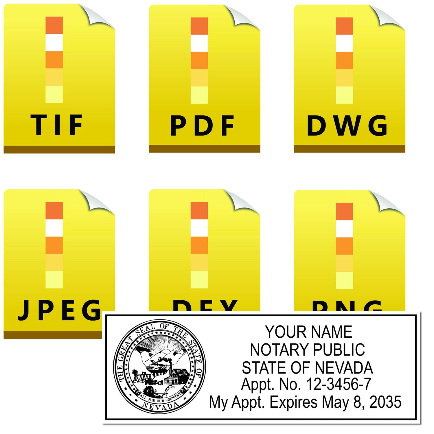 The main image for the Nevada Rectangular Digital Notary Seal depicting a sample of the imprint and electronic files